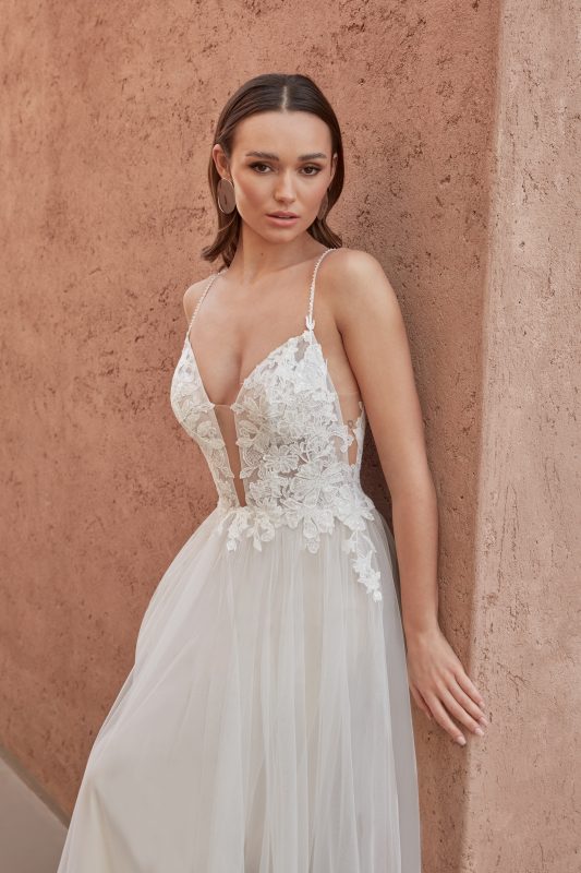 JUSTIN ALEXANDER NEW COLLECTION 2024,Τούλι A-Line με Λουράκια Σπαγγέτι και Απλικέ Δαντέλα με Πούλιες