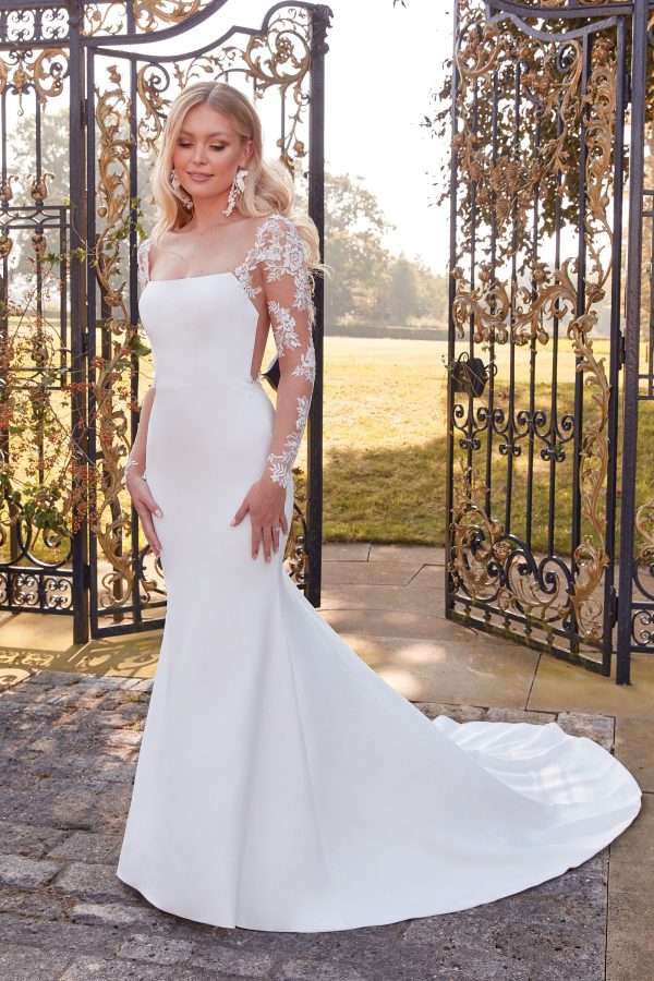 JUSTIN ALEXANDER NEW COLLECTION 2024,Stretch Crepe Fit με Λαιμόκοψη και Flare Gown με Μακριά Μανίκια - Image 4